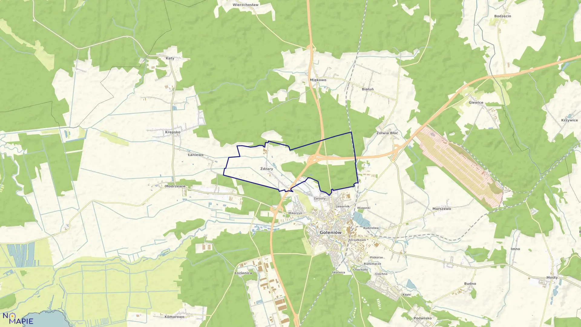 Mapa obrębu Żdżary w gminie Goleniów